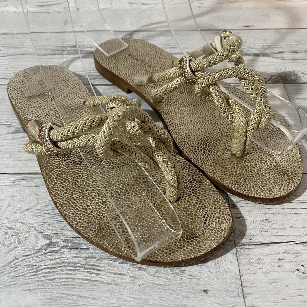 Vergelio‎ Sandals Womens 36 Tan Knotted Toe-Post Bedazzled Strappy Shoes Hipster